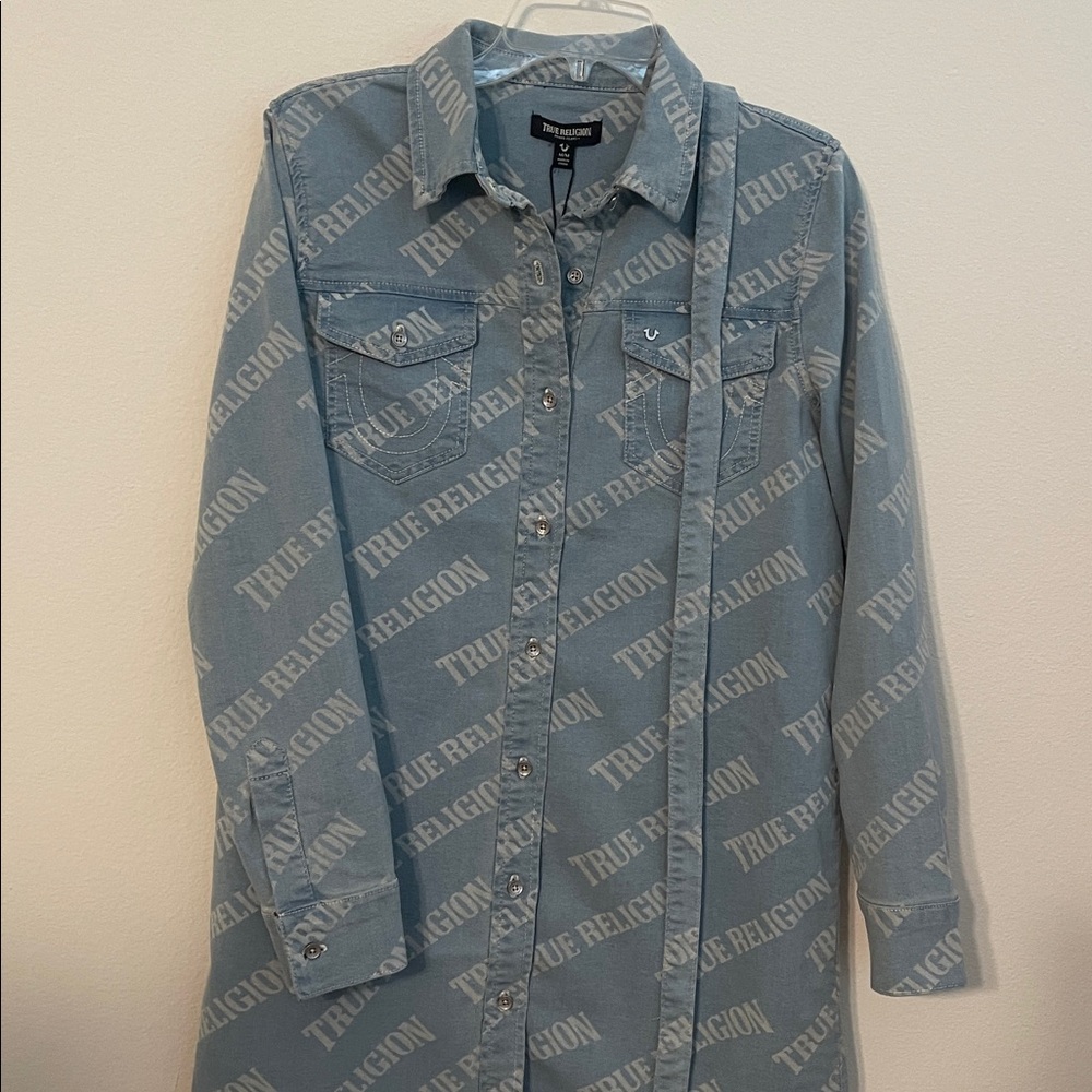 NWT True Religion Denim Logo Blue Shirt Dress - Picture 16 of 16